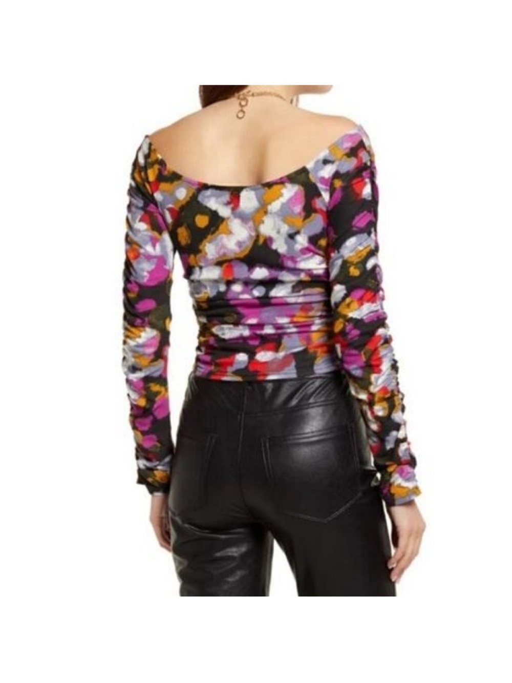 Off-Shoulder Ruched Floral Knit Top - Multicolor - Picture 2 of 4
